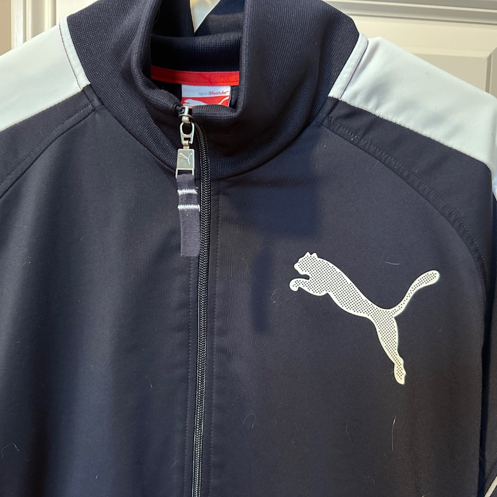 Puma Track Jacket Men's Large Navy Blue White Retro Full Zip Puma Chest Sleeve - Picture 2 of 10
